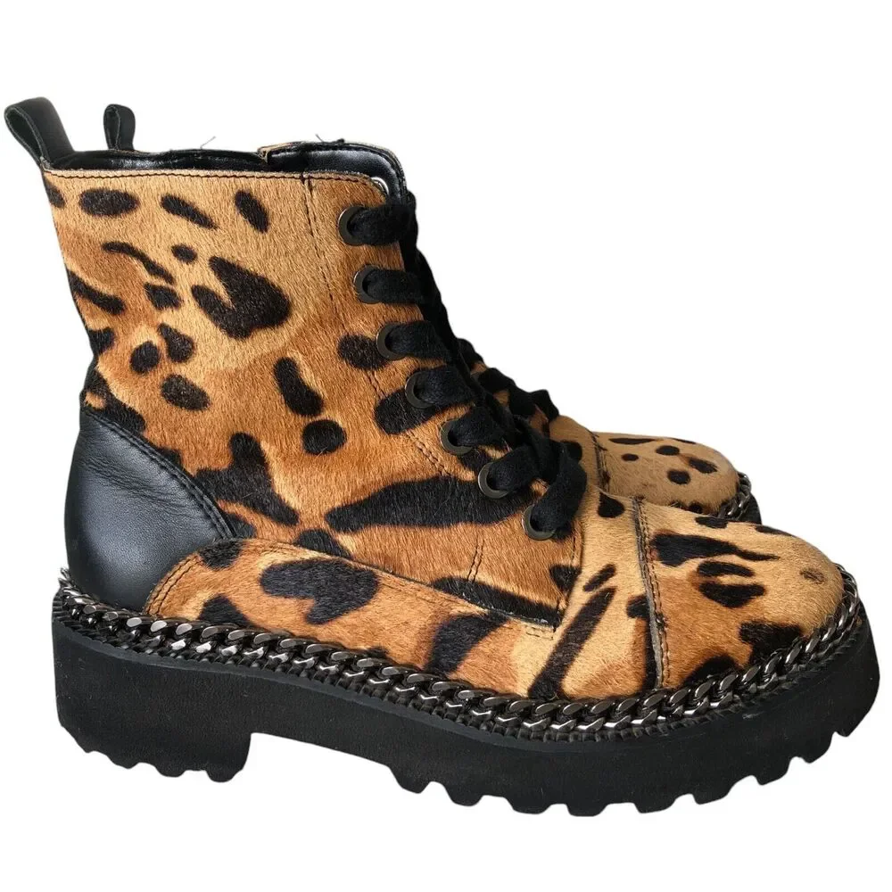 Vince Camuto Mindinta Cowhair and Leather Leopard Print Combat Ankle Boots 5.5‎