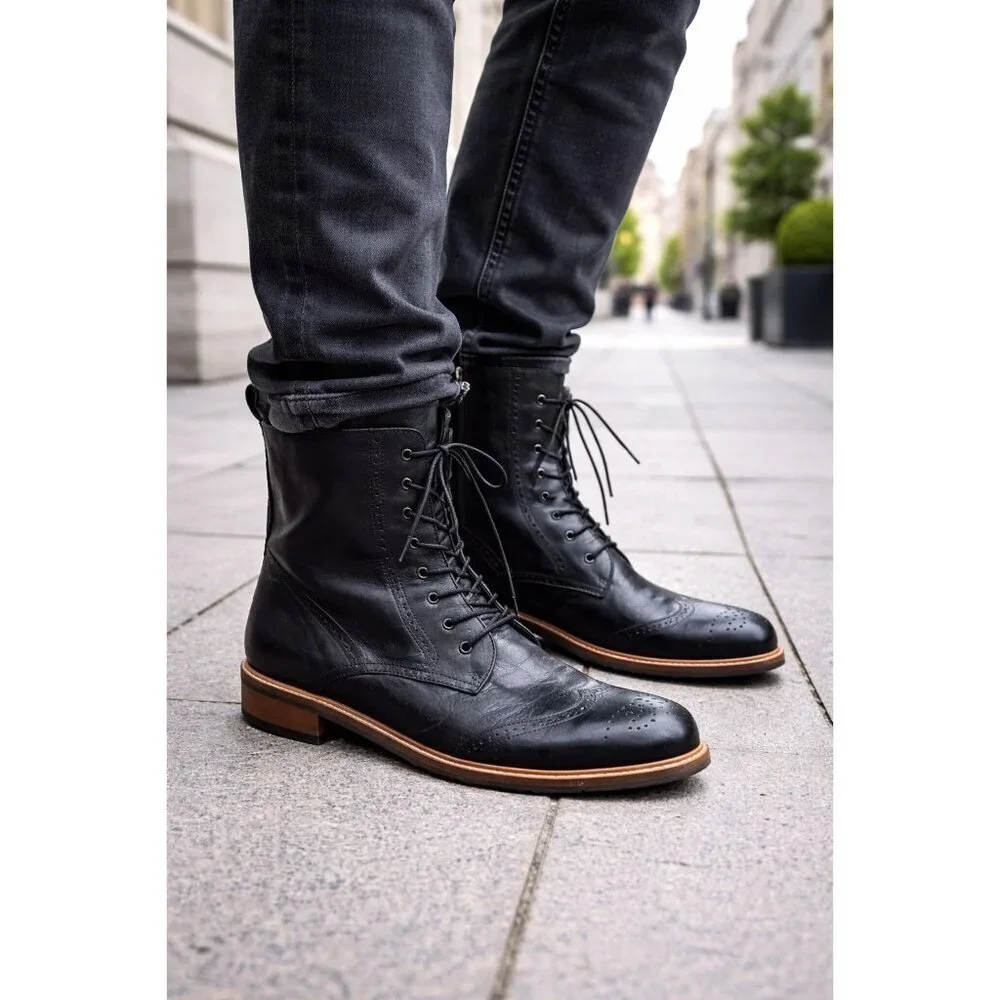 DuoBoots UK Men’s EU 43 Black Leather Brogue Lace Up Ankle Boots