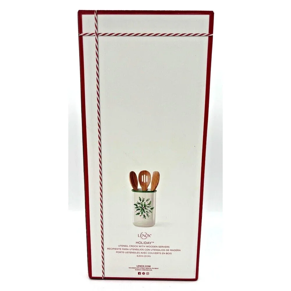 Lenox XMAS Holiday Utensil Crock w/3 Wooden Server Spoons Made for Macys NOS NIB