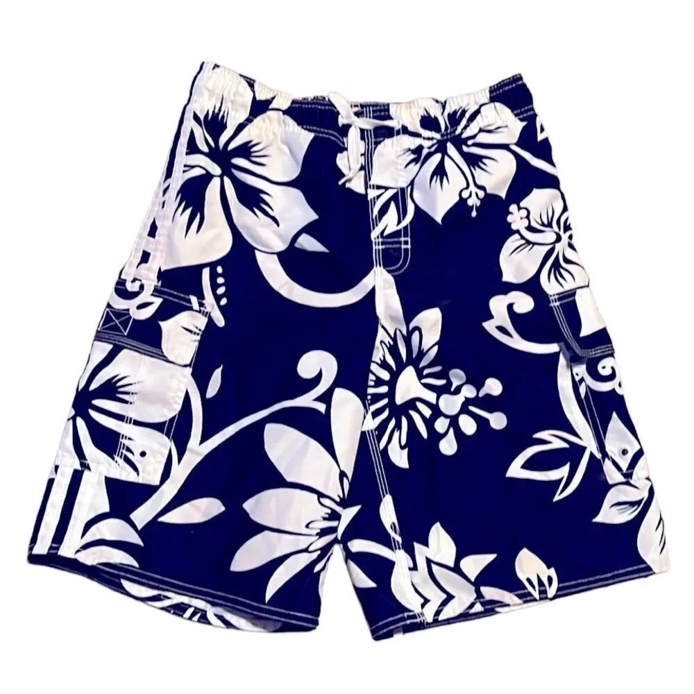 Old Navy Boys Large 10-12 Navy Blue & White Hibiscus Flowers Board Shorts Swim