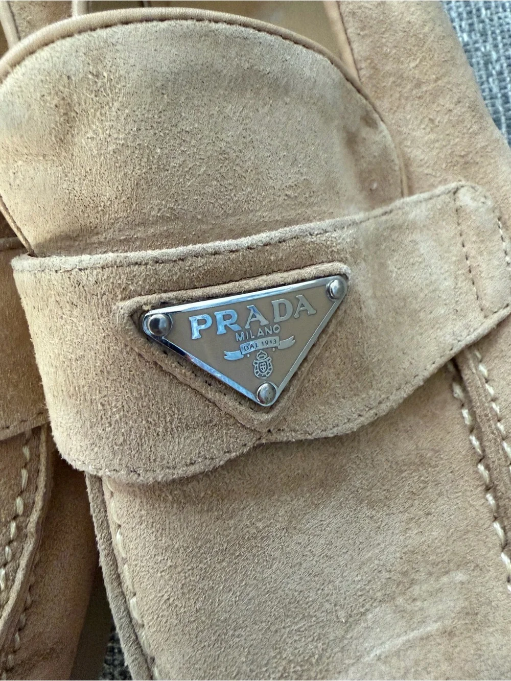 Prada Ecru Suede Loafers Metal Logo $1100