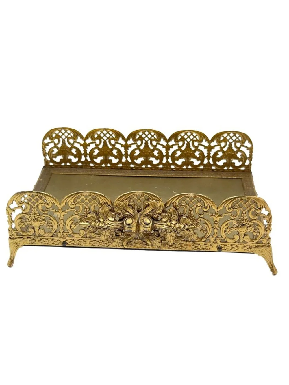 Vtg Gold Vanity Guest Towel Holder Ornate Rose Design Footed Base 9.5