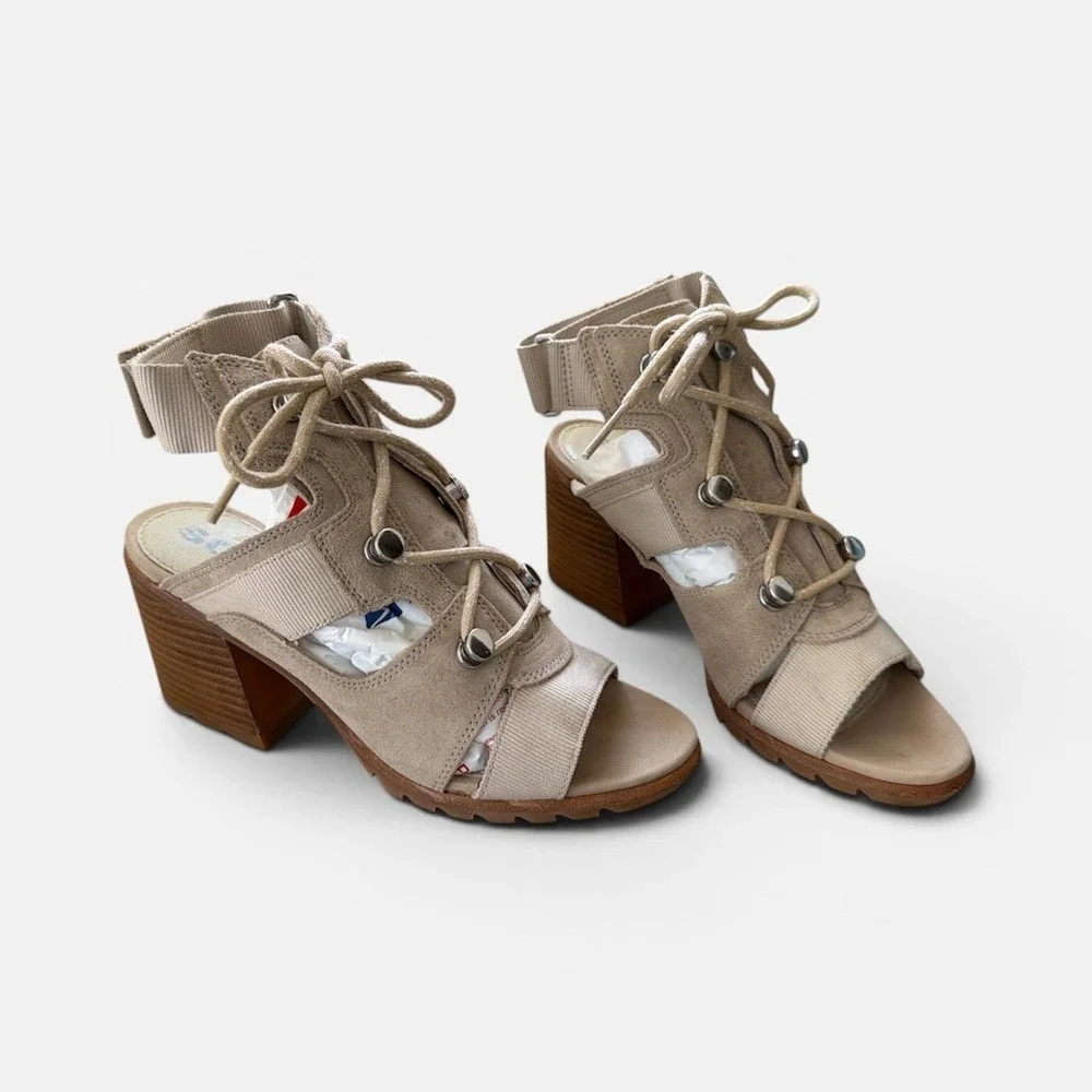 Sorel Joanie II Lace Sandals‎ Womens 8 Honest Beige Suede Block Heel NL3575-271