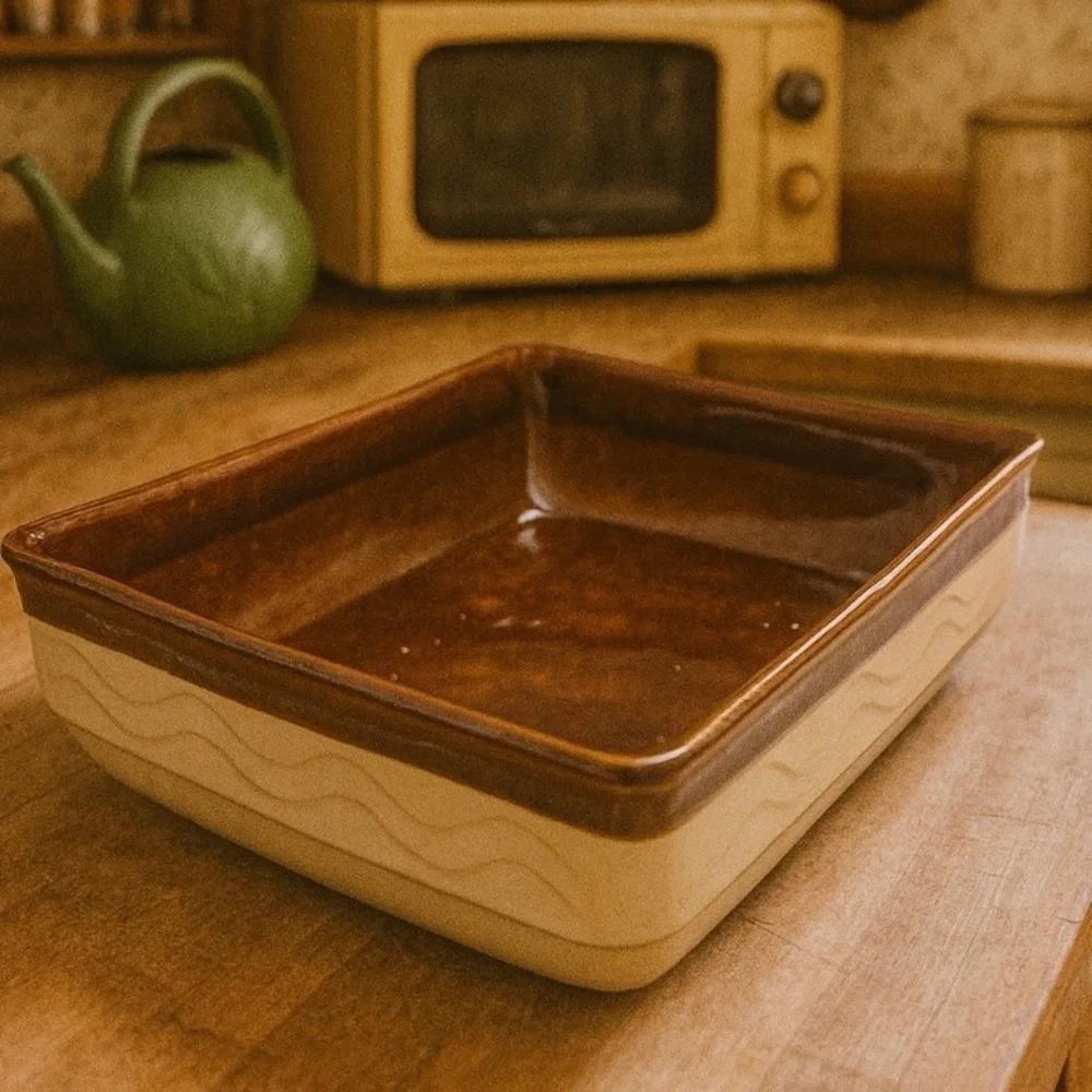 Vintage Mid-Century Stoneware Casserole Dish Brown & Beige Rectangular Baker