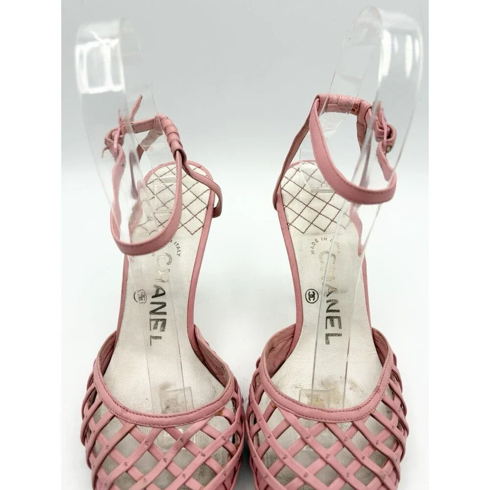 Chanel Pink Basketweave Leather CC Logo Ankle Strap Heels D'Orsay Sz EU 35.5