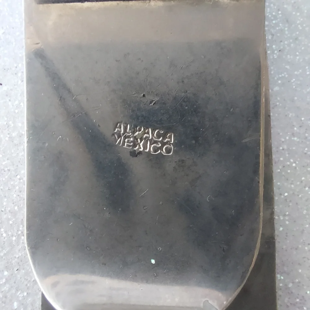 Vintage Alpaca Mexico Silver Engraved Money Clip w/inset Mother-of-Pearl/Abalone