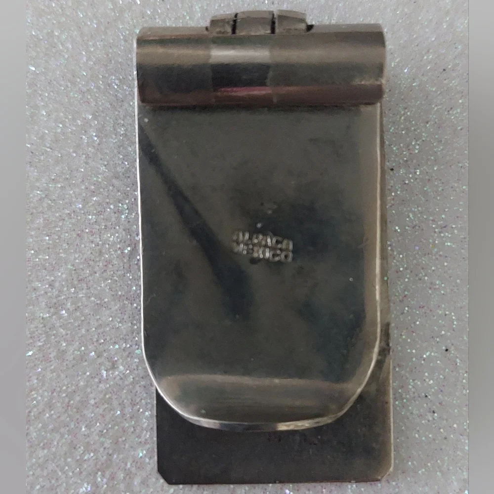 Vintage Alpaca Mexico Silver Engraved Money Clip w/inset Mother-of-Pearl/Abalone