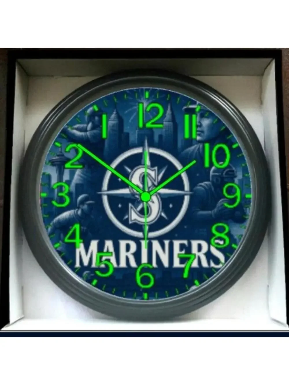 REVERSE TICKING CLOCK Seattle Mariners  Glow In The Dark Wall Clock New!
