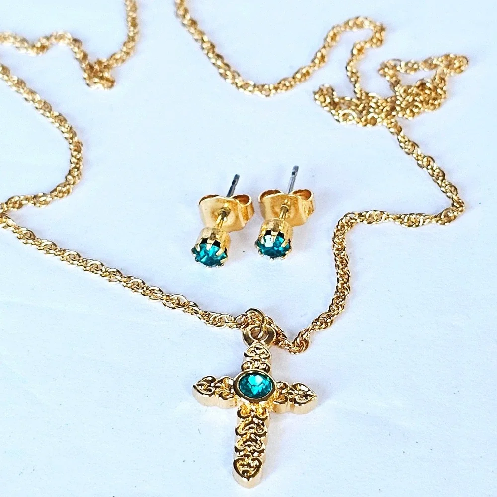 Vintage 1994 Avon Kids Cross Necklace Earring Set Blue Zircon Birthstone Gold