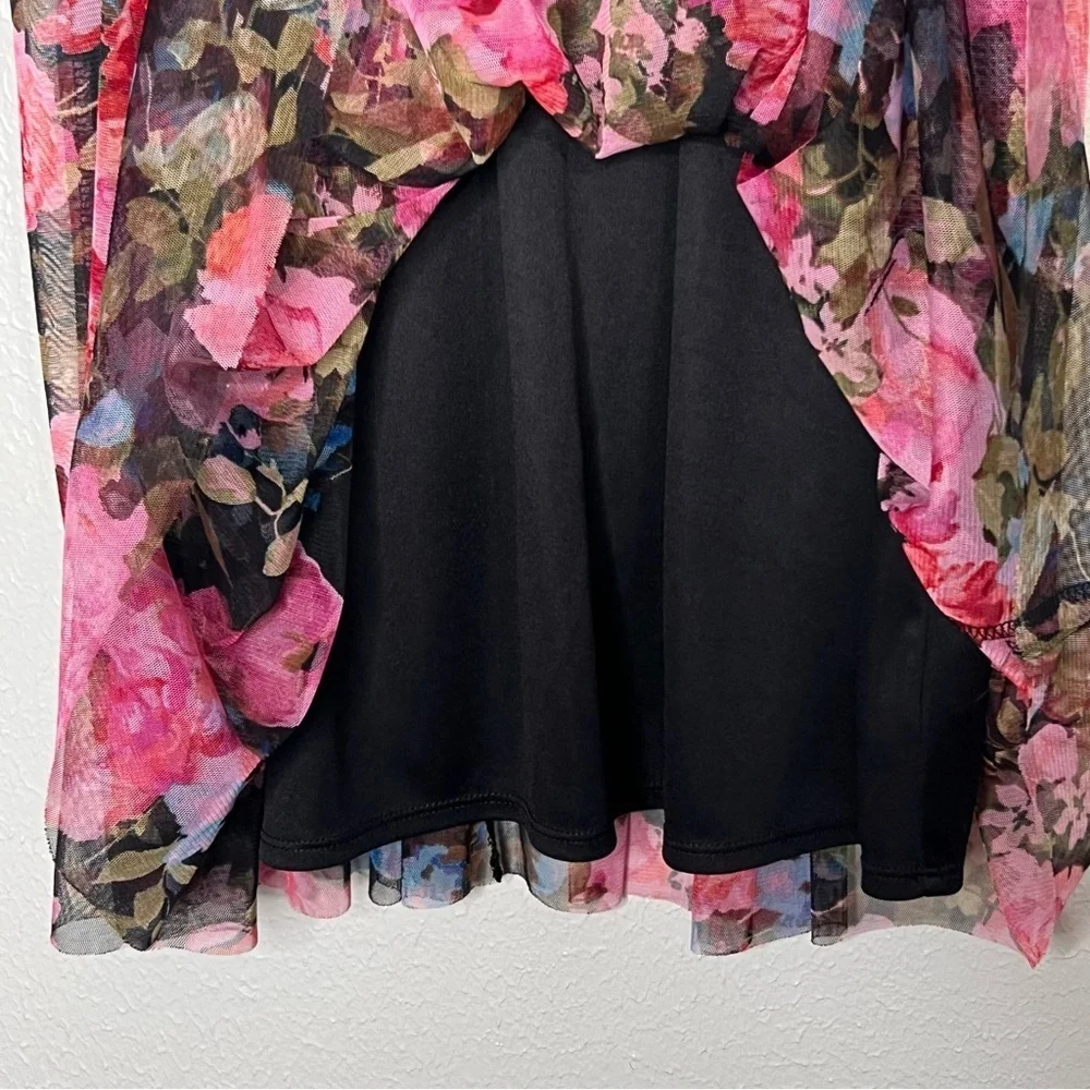 Justice Girls Size 10 Black Pink Floral Dress Velvet Trim Semi-sheer Shoulders