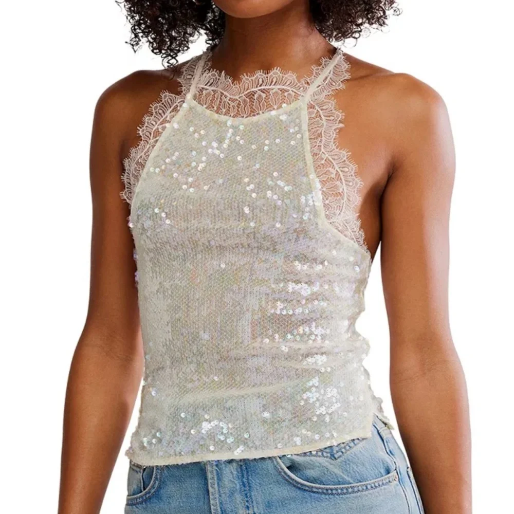 NWT Sequin Lace Halter Top Cream Free People