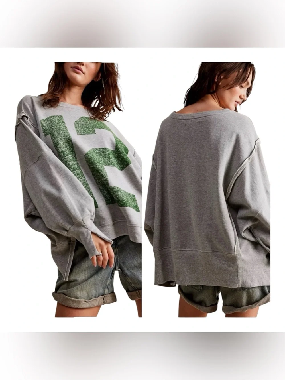 Free People Graphic Camden Pullover Sweatshirt Gray & Green 12 Oversized Size XL