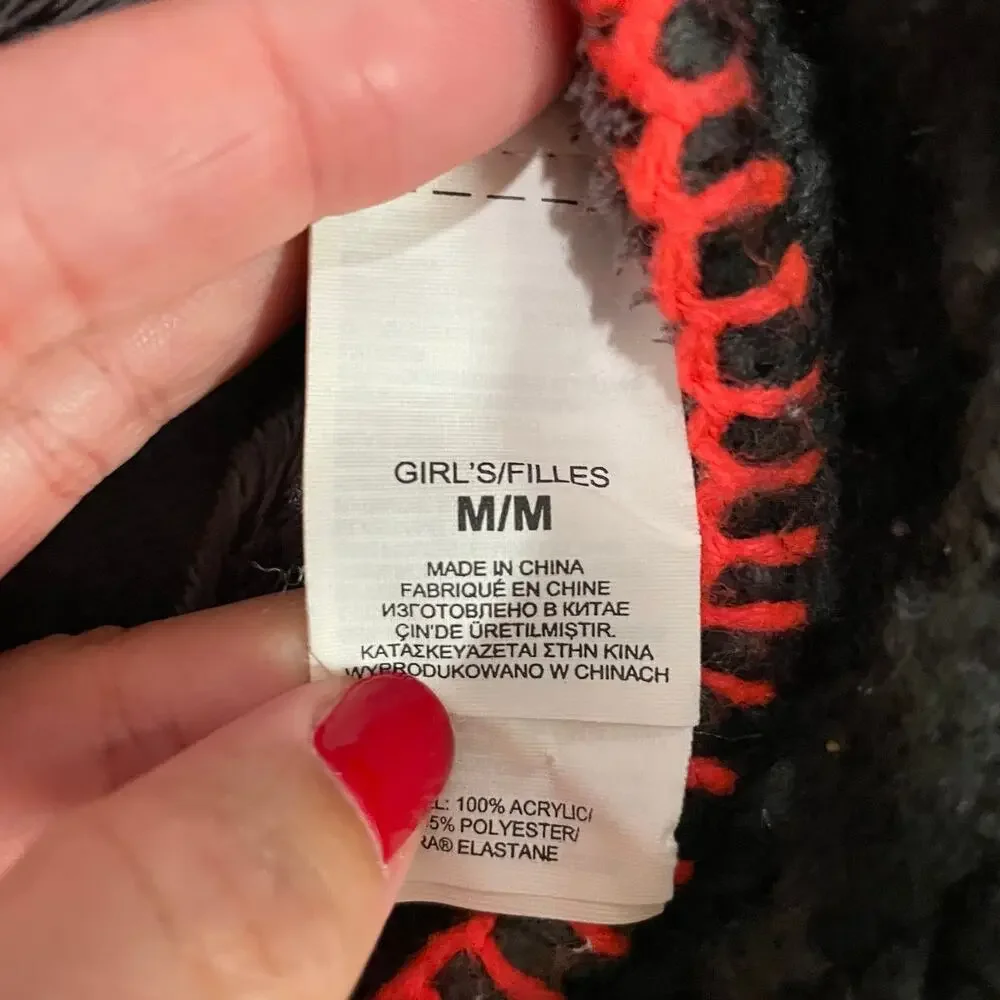 The North Face Girls Beanie Pom Pom Hat Gray Coral Fleece Lined Crochet Medium