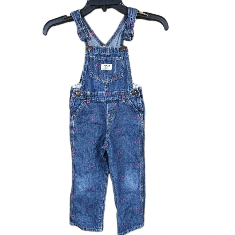 OshKosh B'Gosh Girls 4T Denim Overalls Pink Heart Embroidered Bib Jeans
