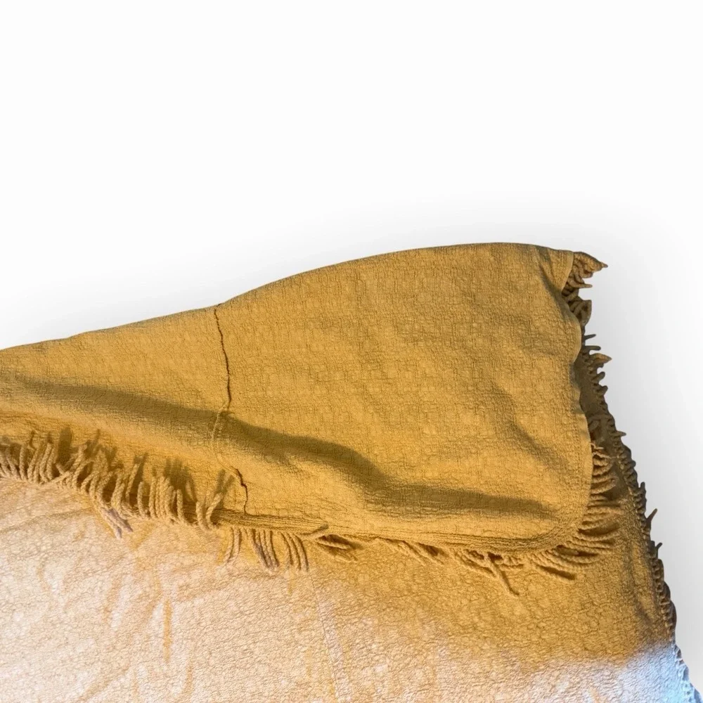 Vtg MCM 60s Boho Gold Fringe Tablecloth Textured Rectangle 84