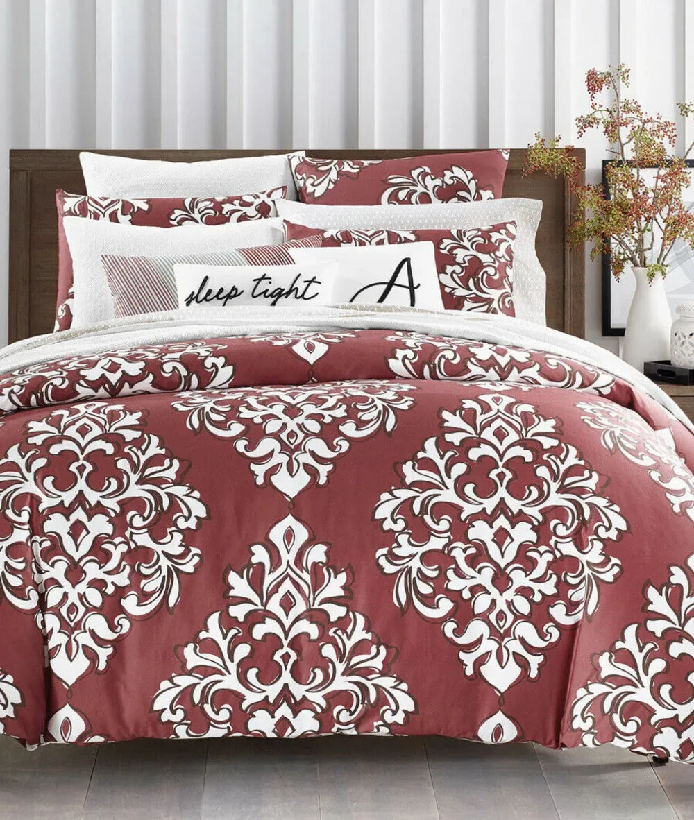 Charter Club Damask Designs Outline  3 PC Duvet Cover Set Maroon Red King NEW