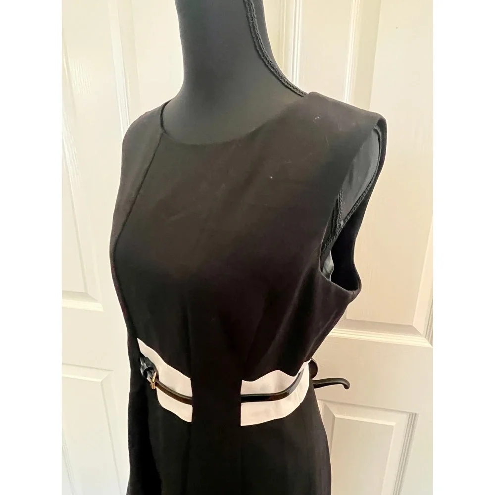 Calvin Klein Black White Colorblock Belted A-Line Midi Dress Career Women 6
