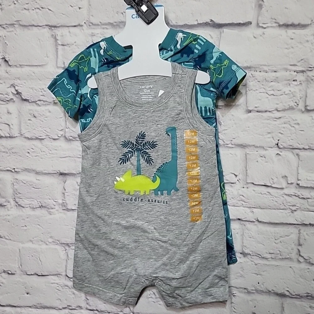Carters‎ Baby Boys 2-Pack Dinosaur Rompers Grey Teal 12M Snap Closeure NEW