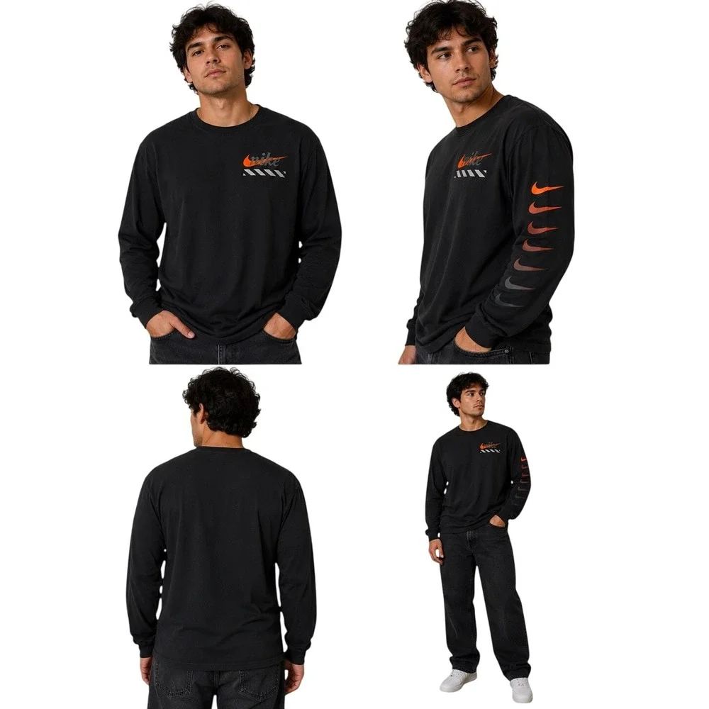 Nike Mens Long Sleeve Graphic T-Shirt Black Orange Multi Swoosh Just Do It