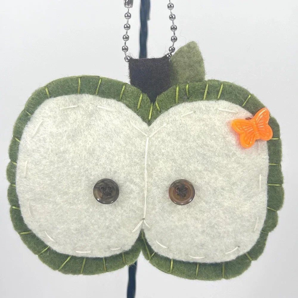 Handmade Green Apple Felt Keychain Cottagecore Fruit Bag Charm Fob Butterfly