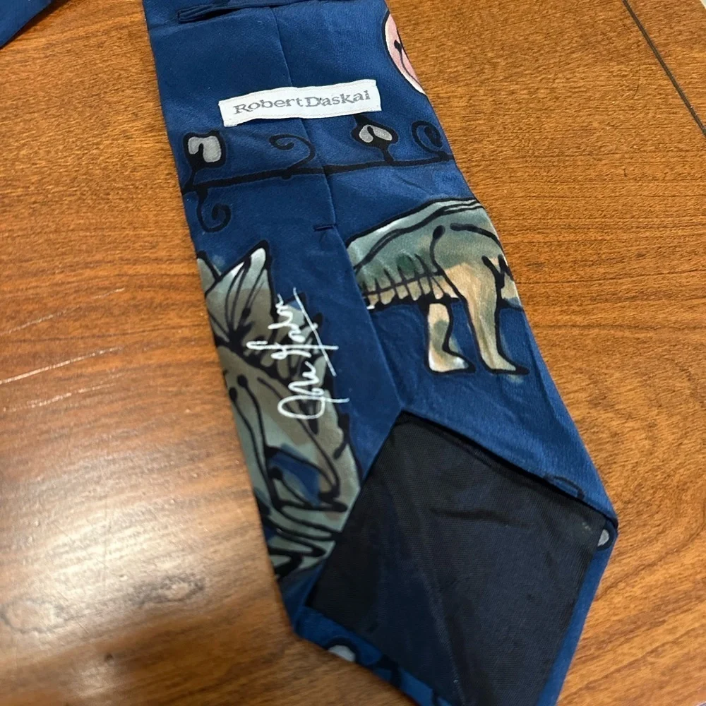 Vintage Robert Daskal Handpainted Silk Tie – Blue w/ Dinosaurs