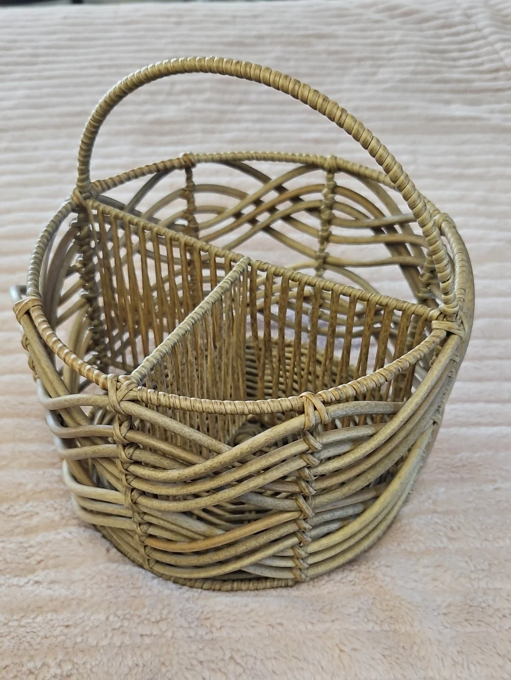 Vintage Wicker Divided Handled Basket - Natural Rattan
