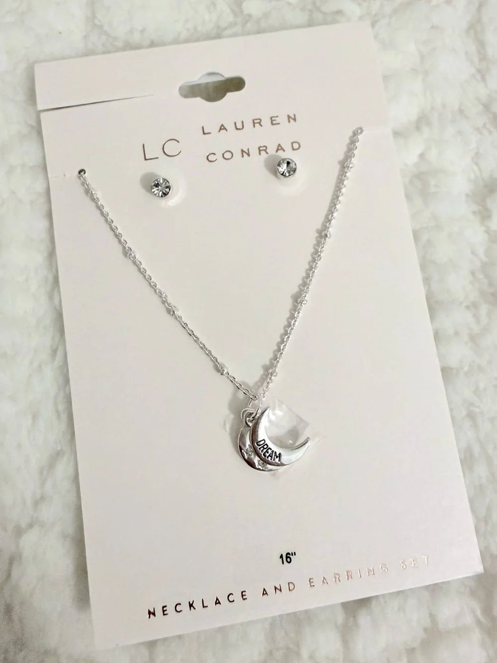 New! LC Lauren Conrad Silver Moons Dream Pendant Necklace & Stud Earring Set