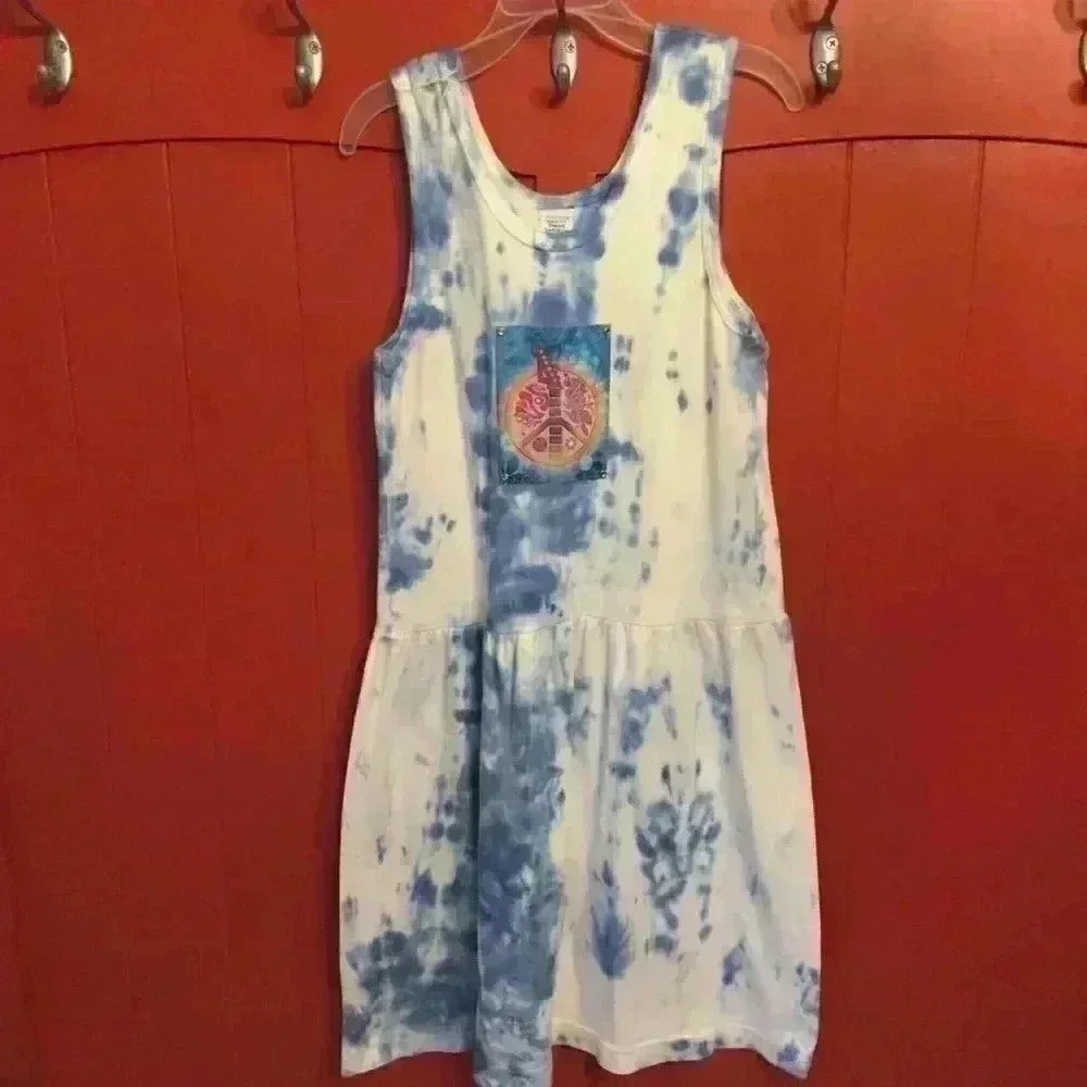 New! Tie dyed Tank dress with sewn on patch peace boho girls 10