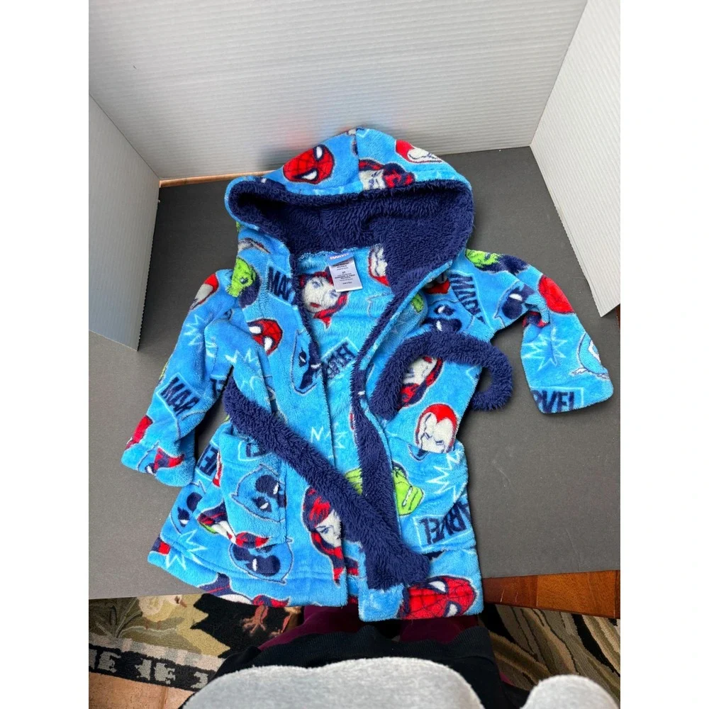 Marvel Avengers Toddler‎ Boys Plush Hooded Bathrobe Blue Spider-Man Hulk 2T