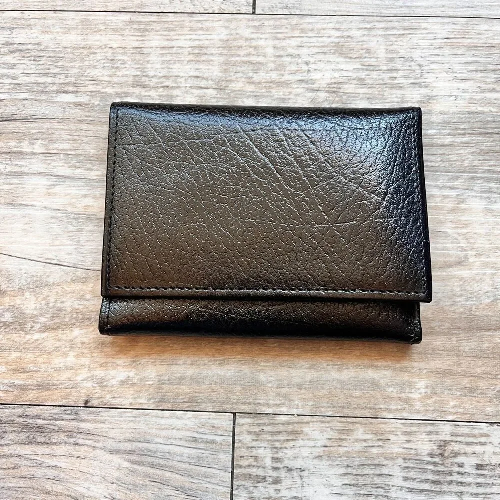 Vintage Shrunken Cowhide Trifold Wallet Black Genuine Leather