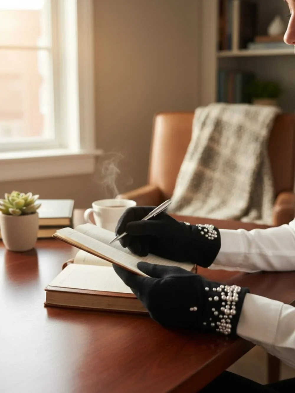 Black Cashmere blend Warm Gloves with Plastic Pearl Equipped Touch Screen