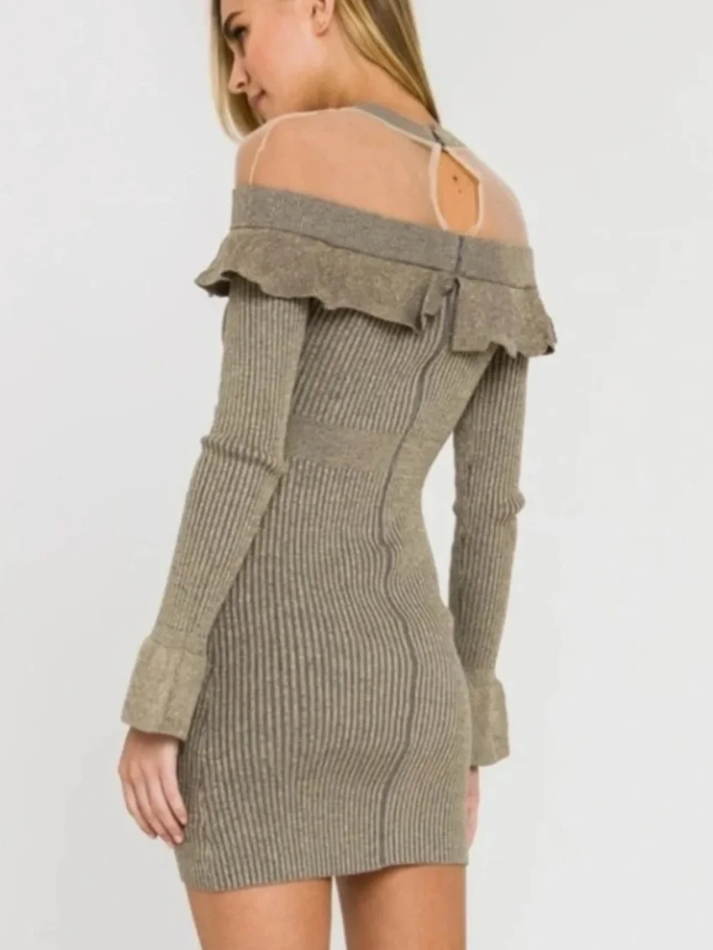 Endless Rose Off-Shoulder Metallic Taupe Ribbed Mini Dress