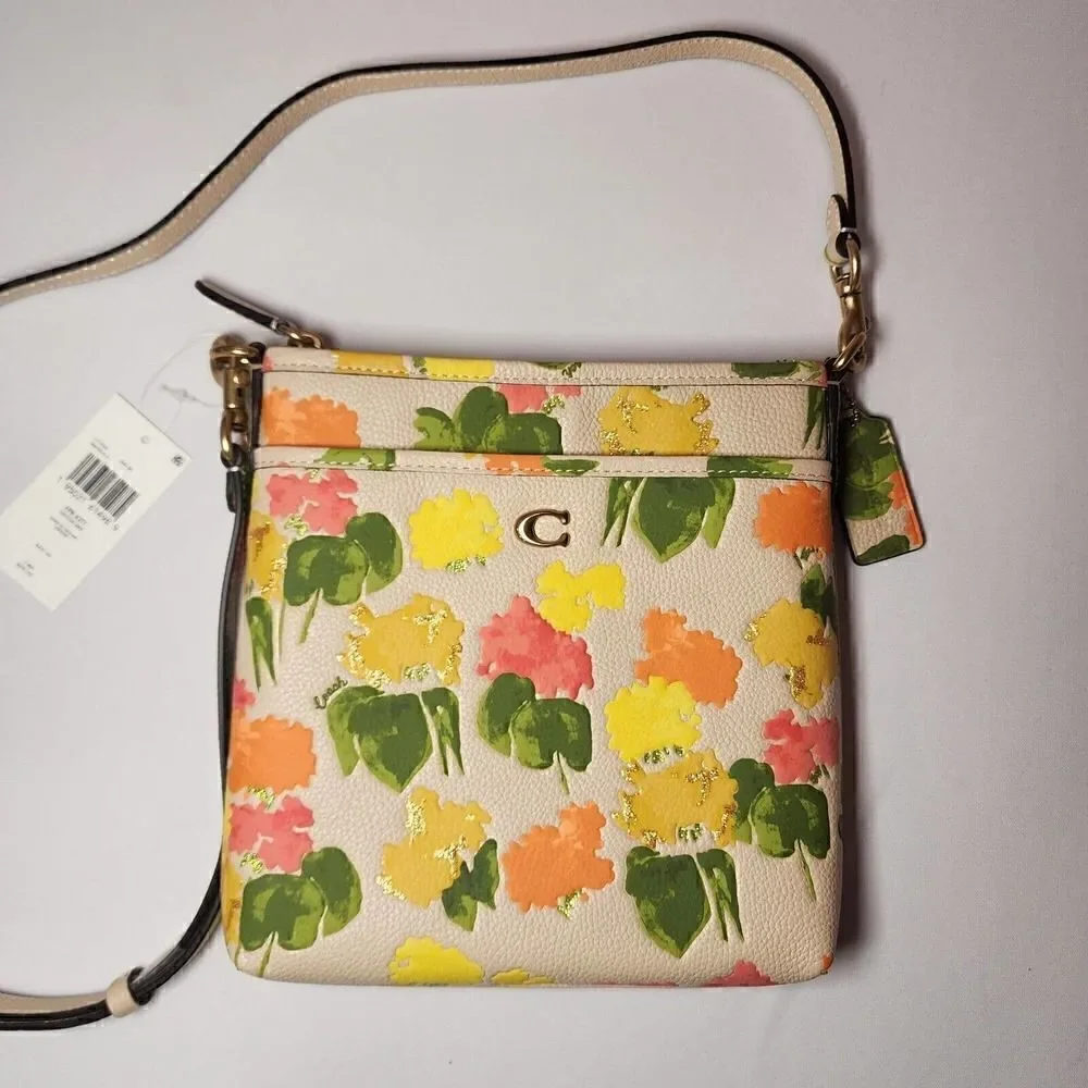 NWT Coach CC556 Floral Print Kitt Crossbody Handbag Multicolor Pebbled Leather