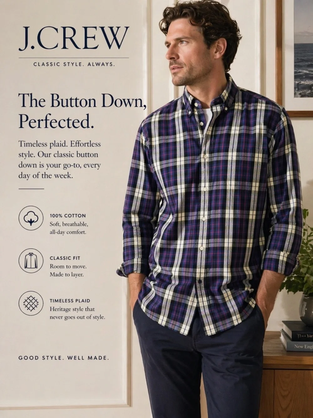 J. Crew Purple‎ and White Plaid button down large