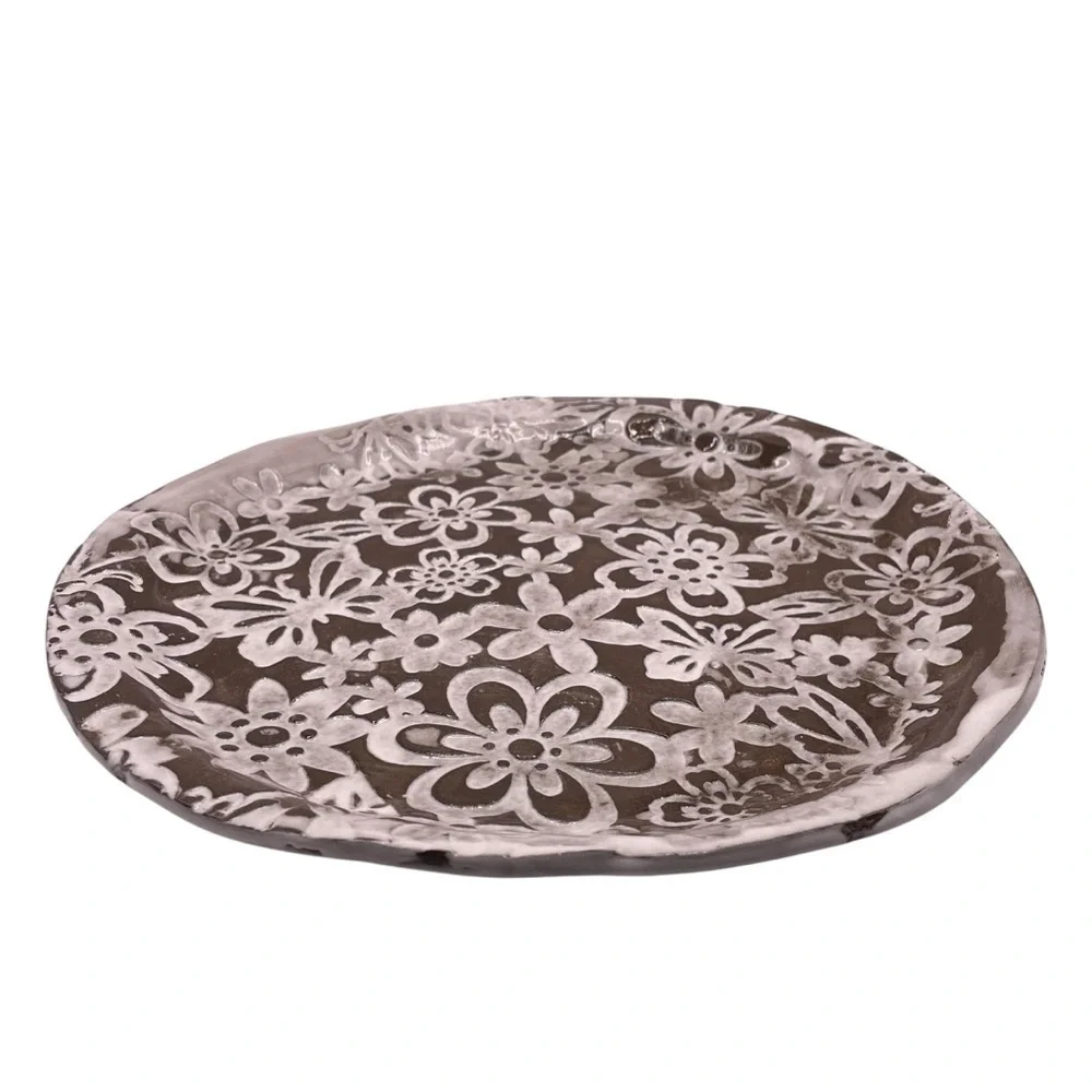 Handmade Floral Studio Pottery Plate - Decorative Ceramic Platter, Signed 13.5”