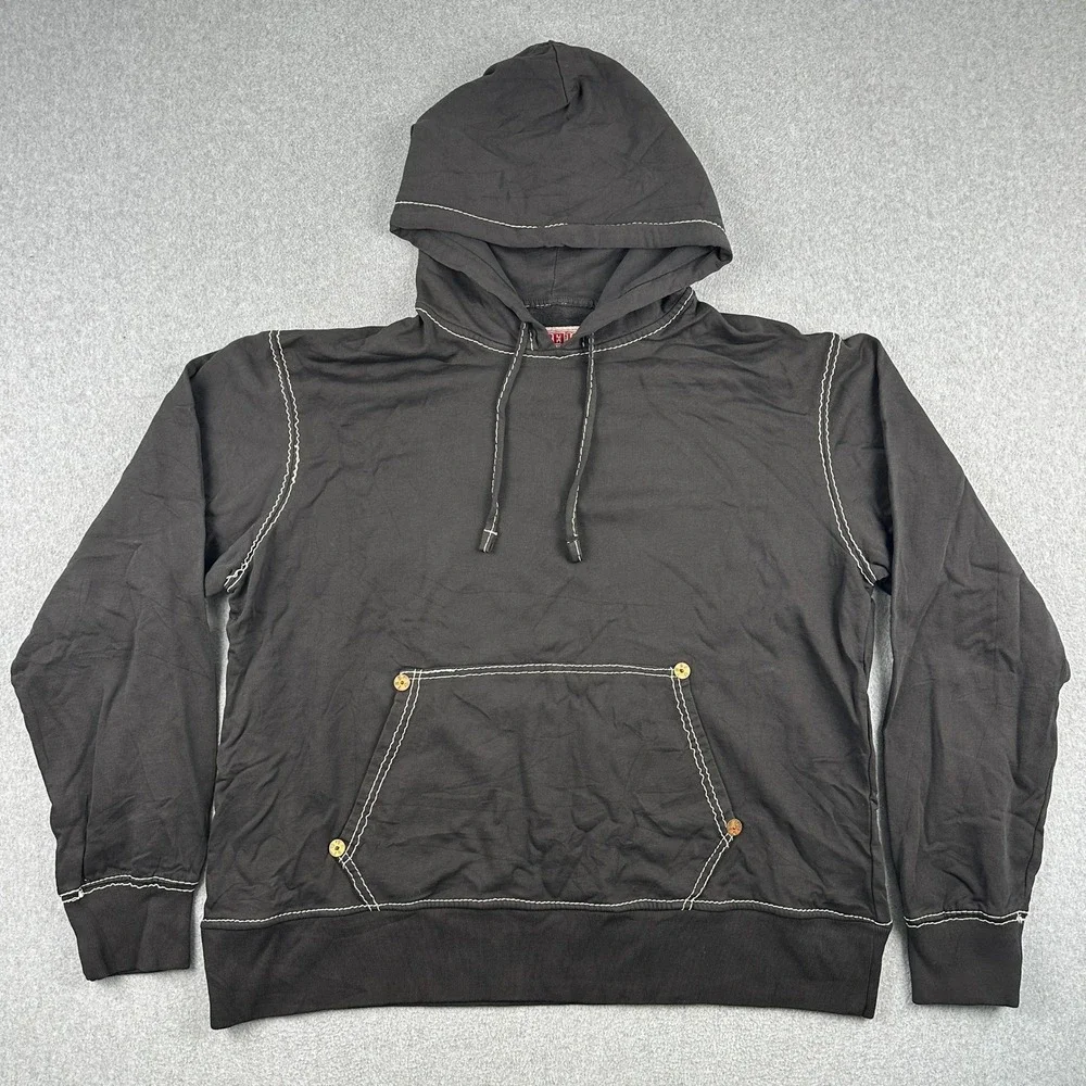 True Religion Hoodie Mens 5XL Black Pullover Big T Buddha Graphic Contrast