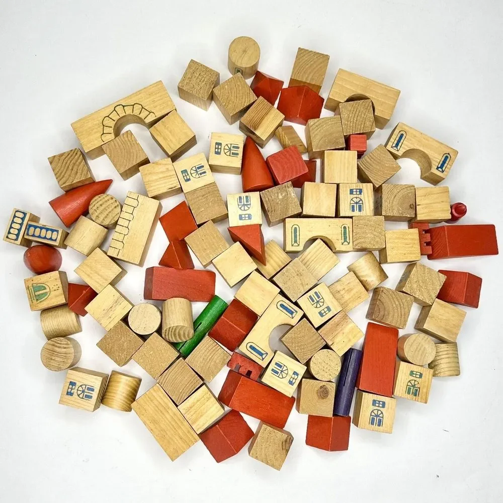 Vintage‎ Building Blocks For Kids Town Set 90 Pcs. Rounds, Rectangles, Triangles