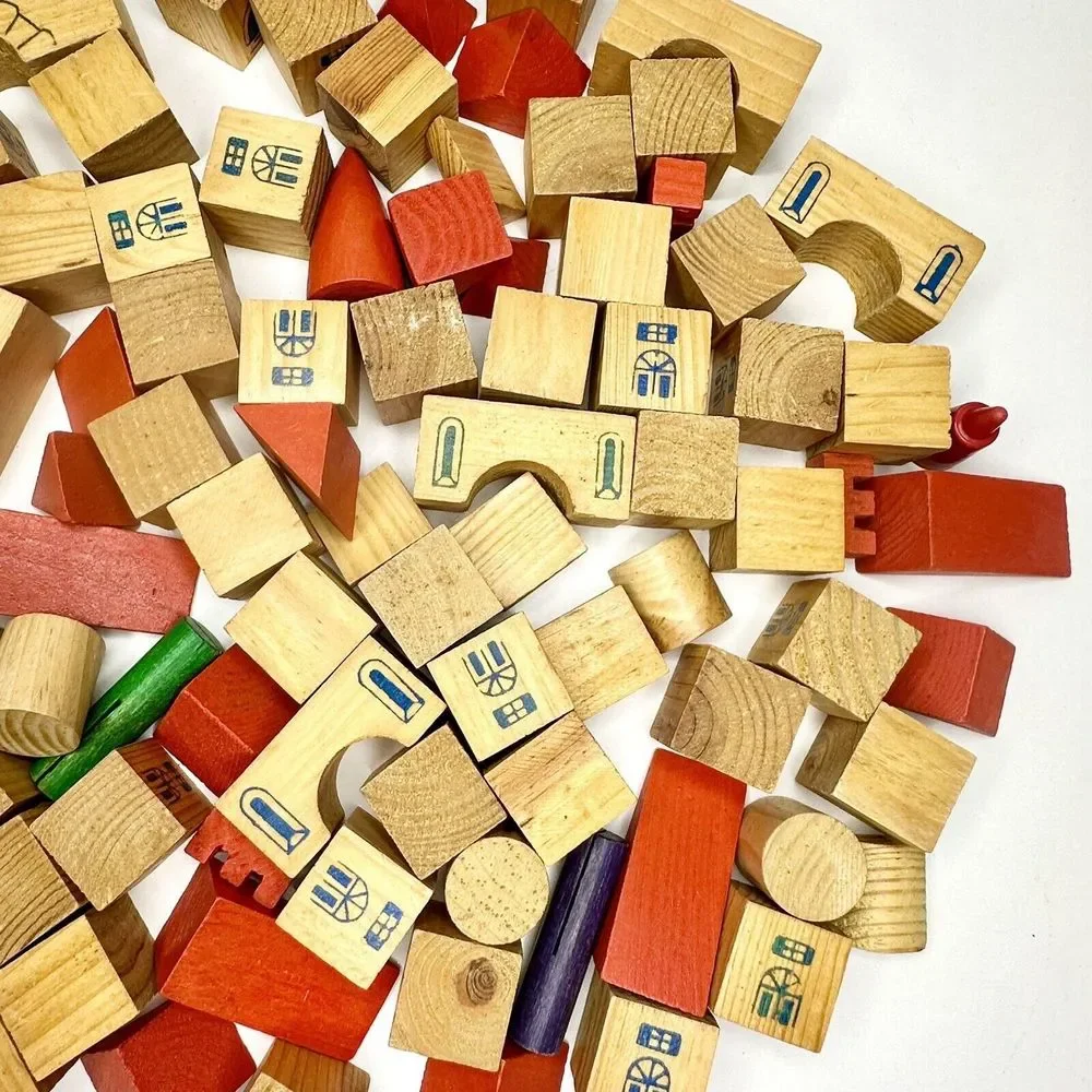 Vintage‎ Building Blocks For Kids Town Set 90 Pcs. Rounds, Rectangles, Triangles