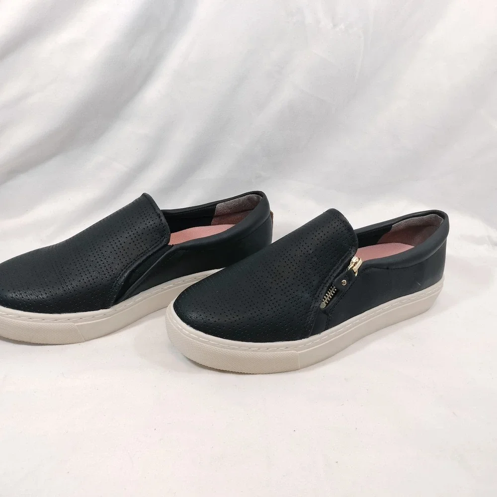 Dr. Scholls Black Slip On Sneakers; Perforated Faux Leather Gold Zip No Chill