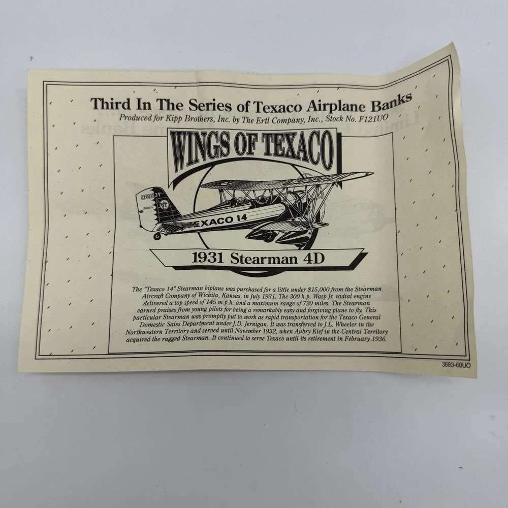 Wings of Texaco 3rd in the Series 1931 Stearman Biplane Die Cast Model Coin Bank
