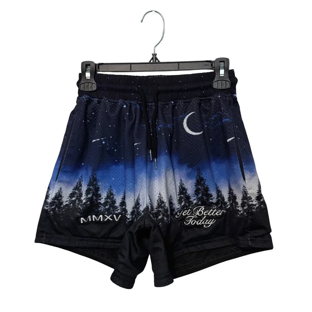 Get Better Today Shorts Mens Medium Black Blue Mesh Athletic Forest Moon Galaxy
