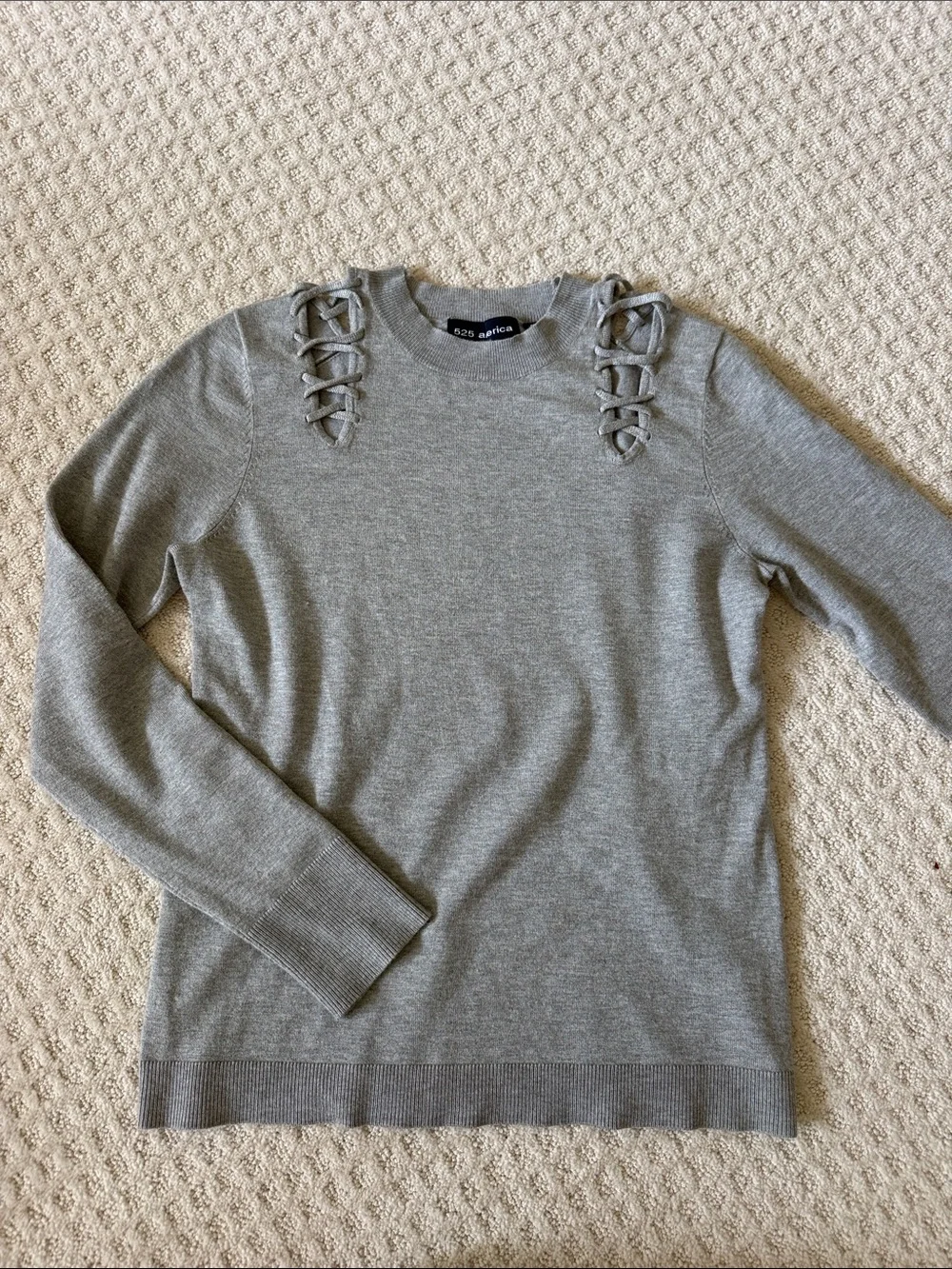 525 America Light Gray Lace-Up Shoulder Crewneck Sweater- CLOSET CLEAR OUT