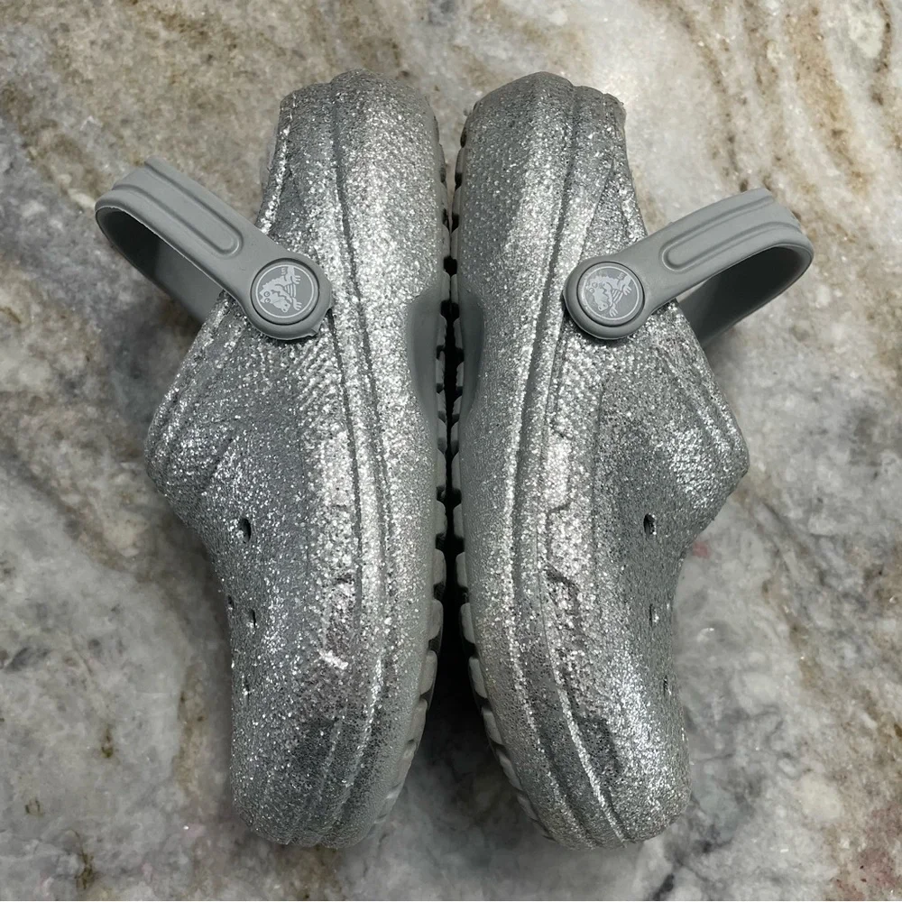 Crocs Classic Glitter Lined Clogs 'Silver Grey' 205937-00N Size C12 Toddler