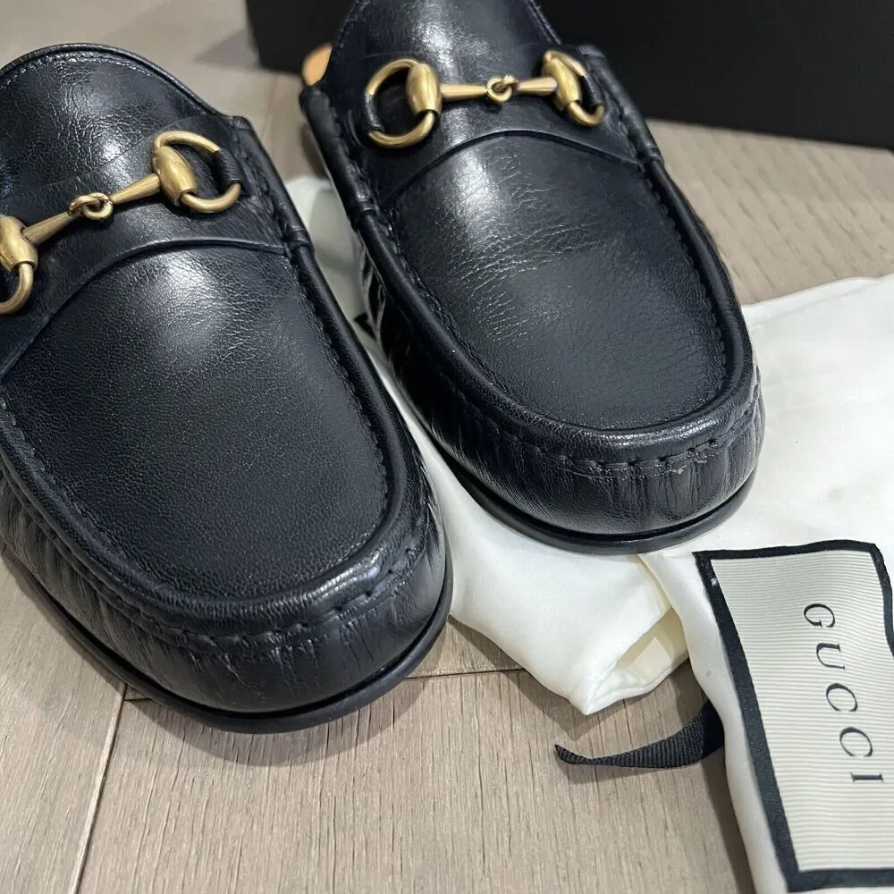 GUCCI Quentin Horsebit Mules Loafers Men's Open Roos Black Size 9 NEW