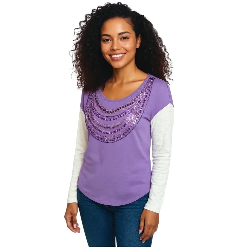Justice Girls Long Sleeve Purple‎ Shirt Size 18 Sequined Front White Sleeves