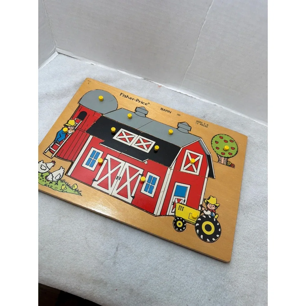 Vintage Fisher-Price Barn 501 Wooden Peg Puzzle Kids Red 13 Piece Farm