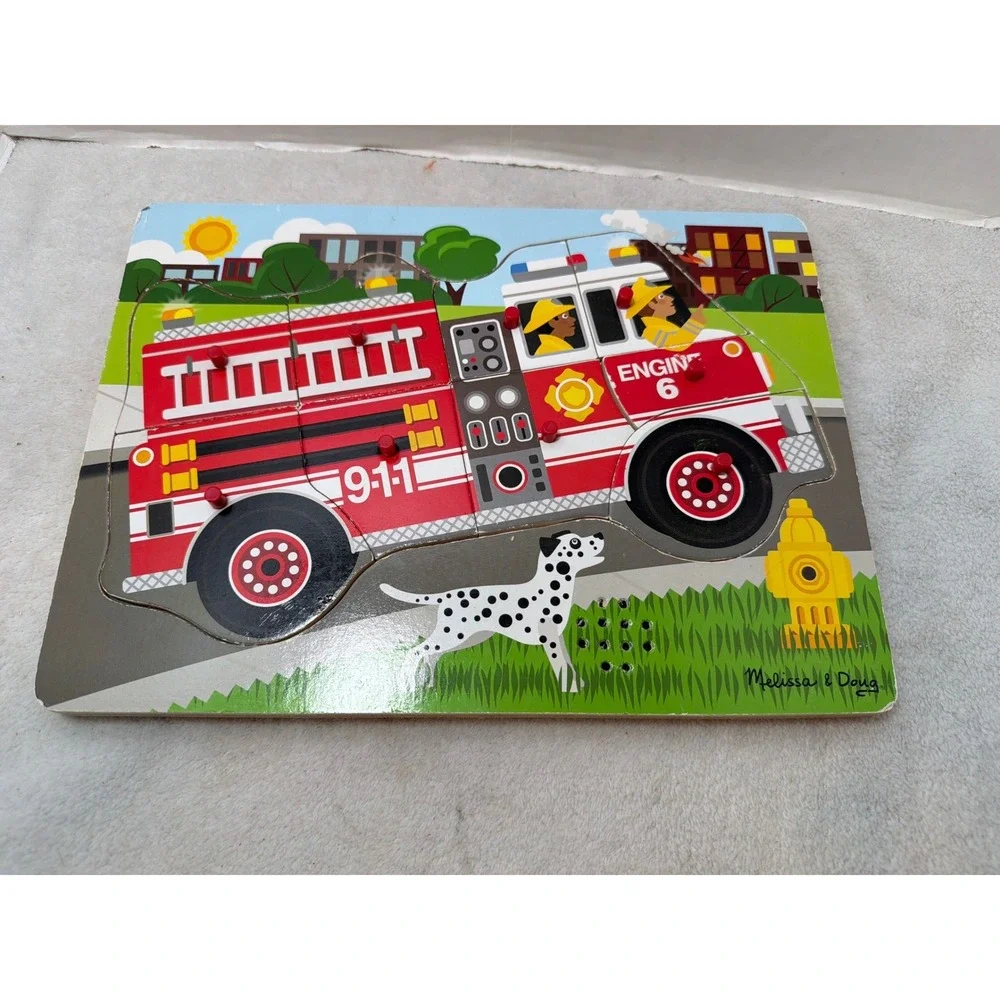 Rare Retired Melissa & Doug Sound Puzzle Kids Red Fire Engine Wooden Working