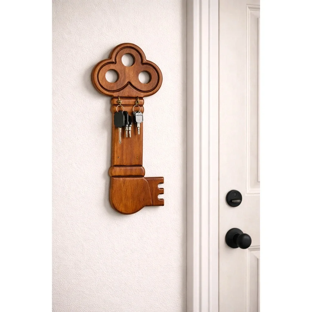Vintage Wooden Skeleton Key Wall Hanging Decor 4 Hook Key‎ Rack Brown 13