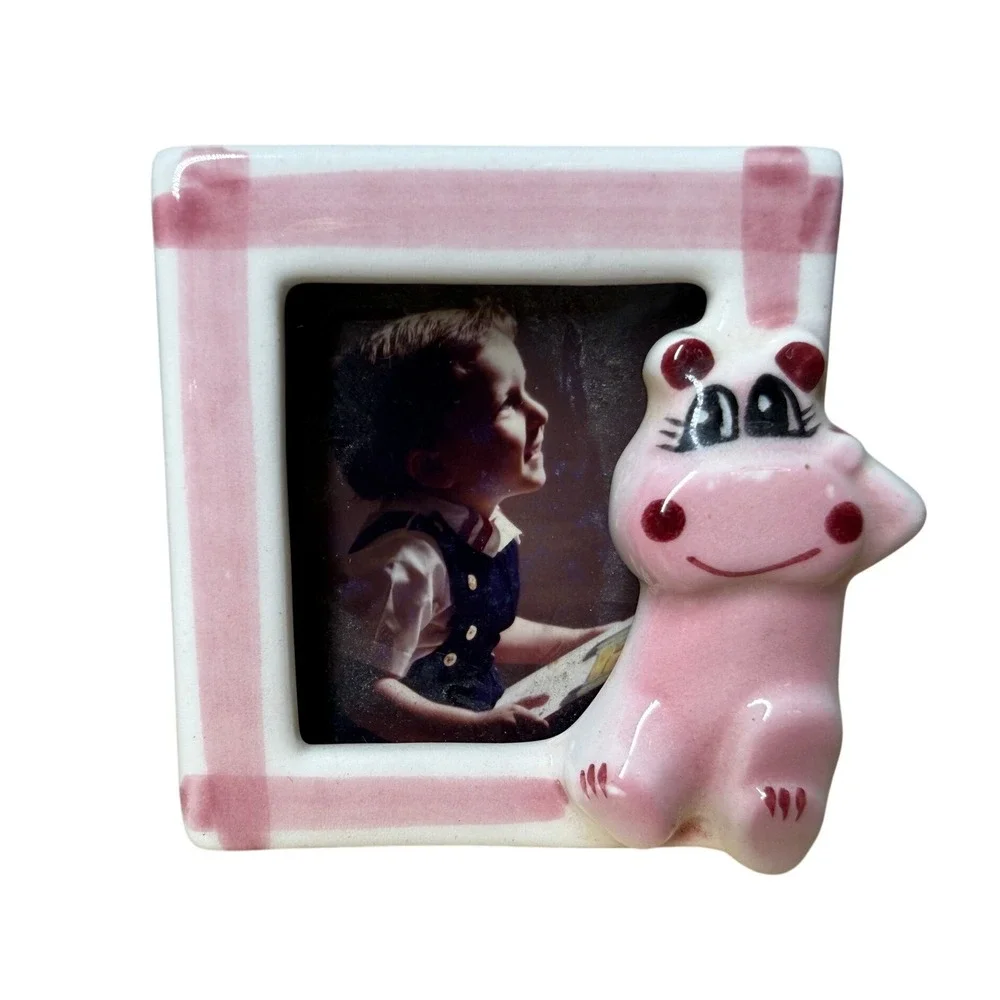 Vintage Ceramic Mini Picture Frame Pink Hippo Kitch Nursery Decor 2.75