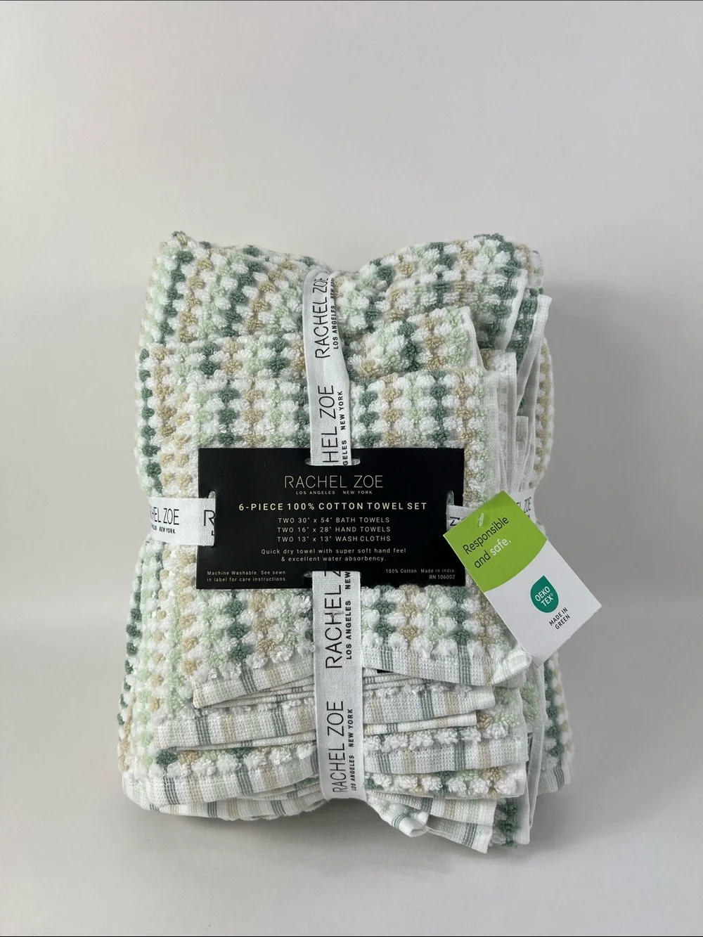 Rachel Zoe Bath Towel Set Green Tan White Waffle Soft 100% Cotton 6 Pc NEW